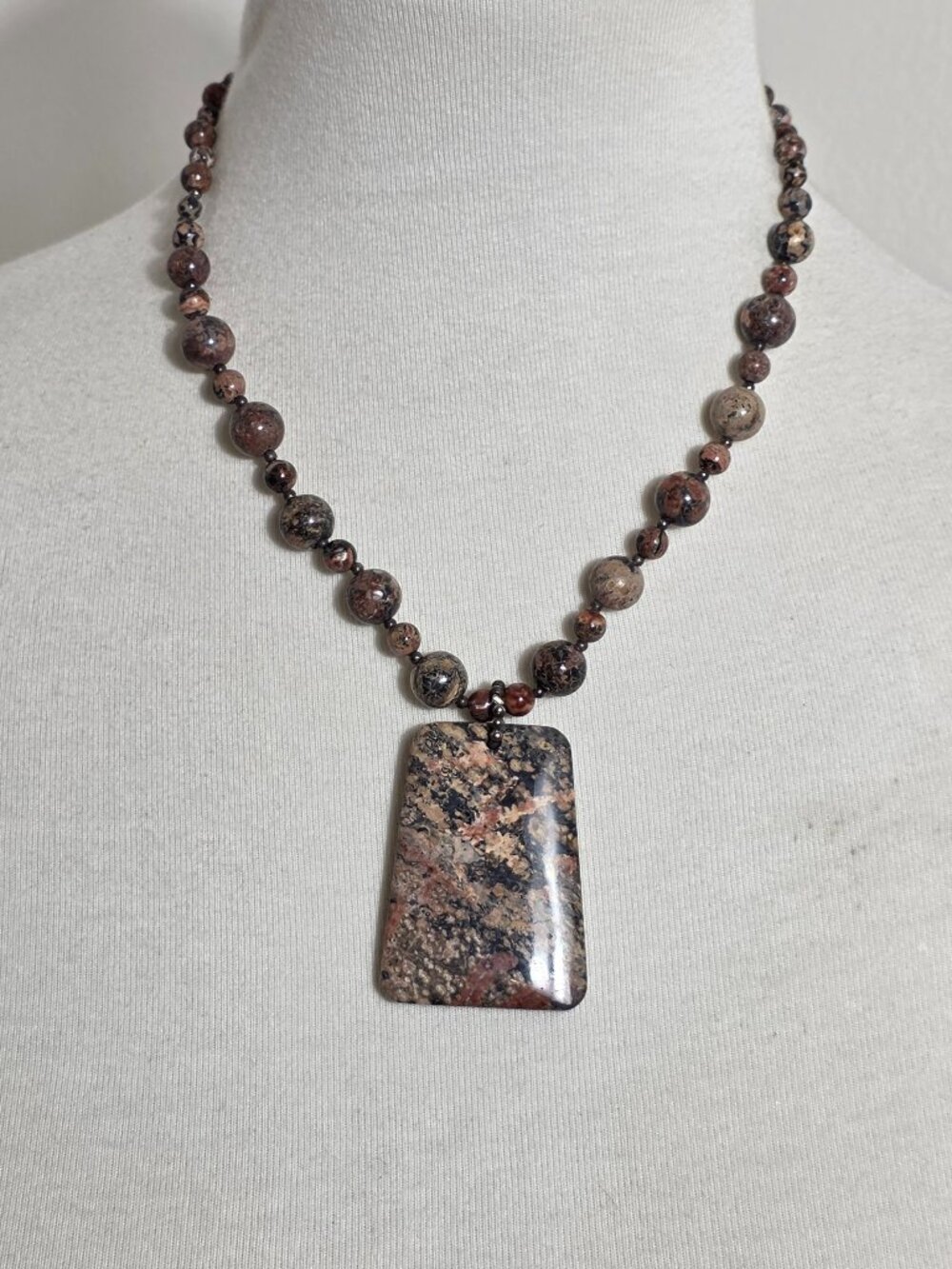 Leopard Skin Jasper Rectangular Slab Pendant Necklace Matching Beaded Chain